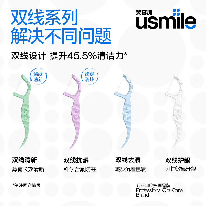 Usmile笑容加双线牙线棒 清洁齿缝清新抗龋超细家庭装 清新型 抗龋型50支*各2盒高清大图