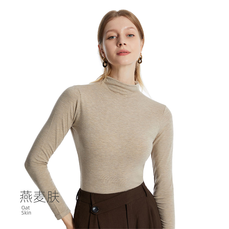 猫人半高领打底衫女士双面磨绒保暖上衣修身秋冬内搭中领打底t恤 M-L【推荐80-115斤】 燕麦肤【玻尿酸护肤】