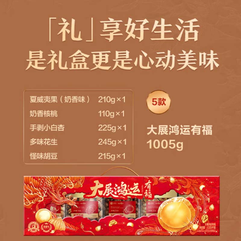 良品铺子坚果礼盒 每日坚果大展鸿运有福1005g(罐装)高清大图