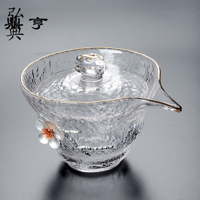鼎亨玻璃盖碗透明防烫锡锤纹三才泡茶碗耐热大号加厚功夫茶具家用
