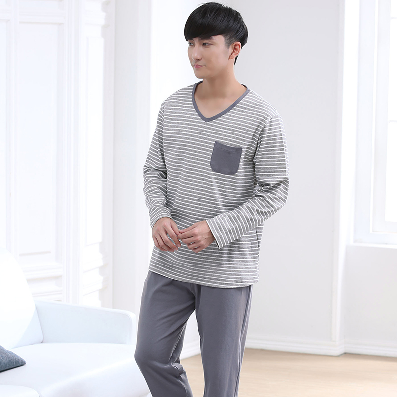 甜妹子男士睡衣100%纯棉休闲条纹睡衣男可外穿家居服睡衣套