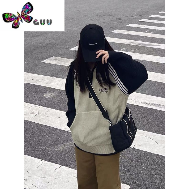 语娄美式街头风拼色毛衣女复古宽松潮牌撞色半拉链针织衫卫衣外套
