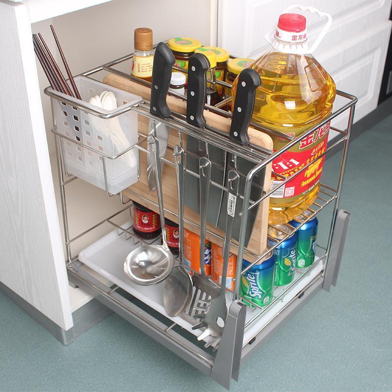 橱柜调味篮厨房调味拉篮304不锈钢厨柜调味架抽屉式缓冲阻尼刀架