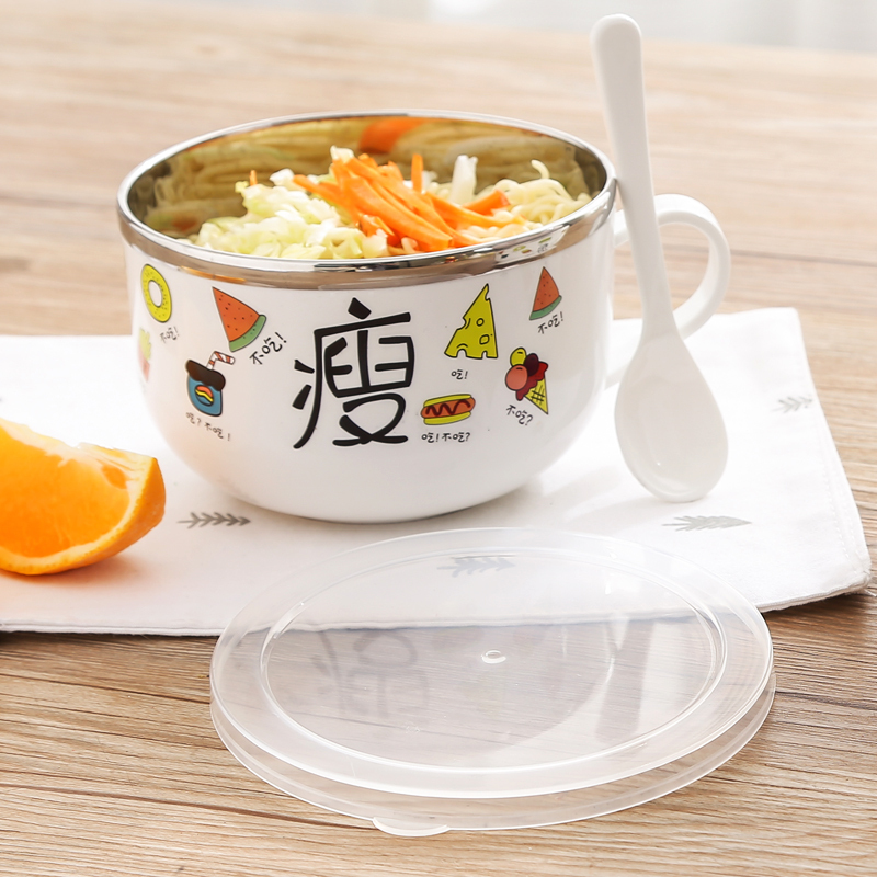不锈钢泡面碗带盖宿舍学生饭盒上班便携保温便当盒饭碗大号带筷勺 兔子-粉色[送勺子] 碗