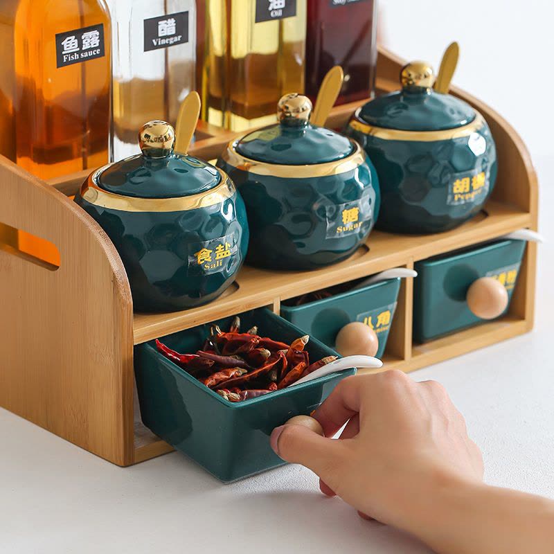 轻奢北欧陶瓷调料盒油壶调味瓶玻璃瓶密封罐盐味精佐料套装收纳盒图片