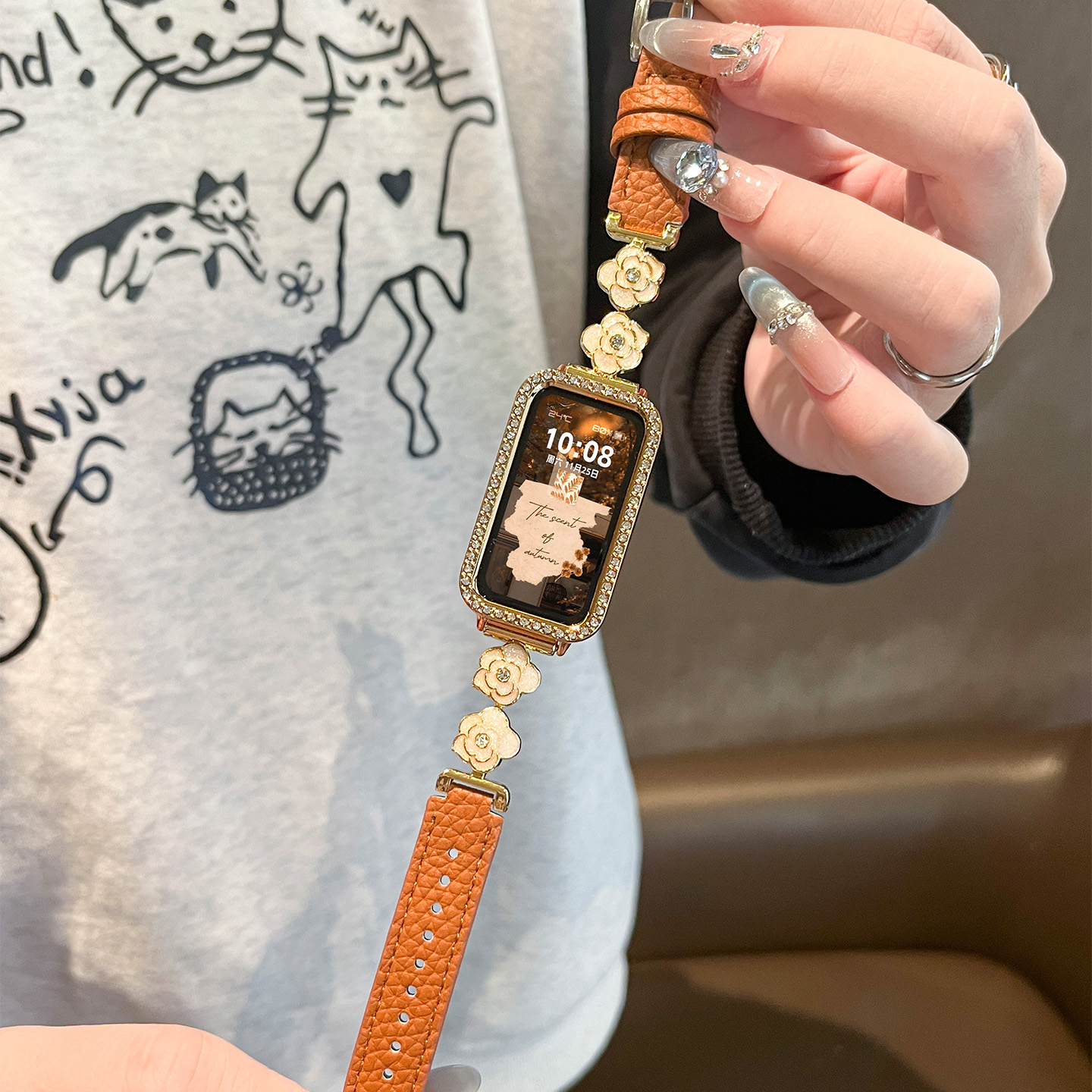 适用于华为手环10表带女高级感9/8荔枝纹真皮腕带荣耀10/9金属3139B高清大图