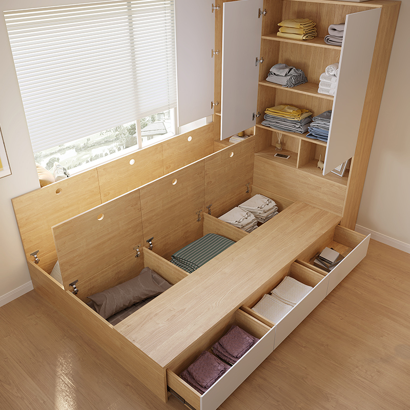 木月榻榻米床现代简约小户型单人床实木多功能床衣柜一体组合储物