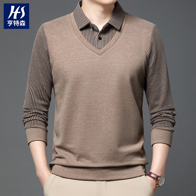 秋冬季新款羊毛桑蚕丝假两件男士爸爸装休闲保暖德绒打底衫男高清大图