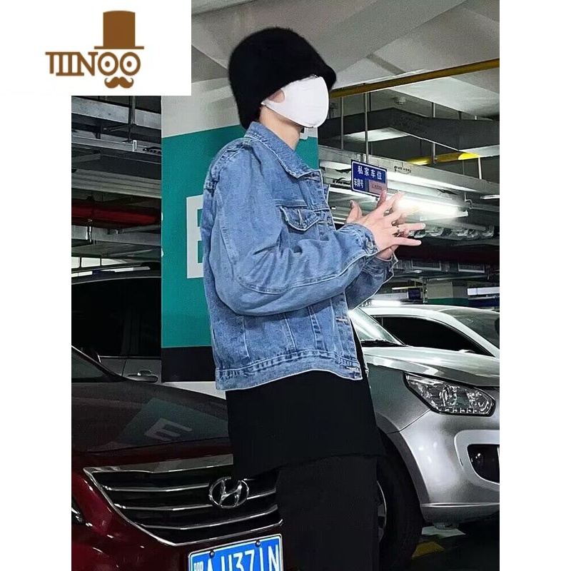 YANXUins美式高街复古压褶垫肩牛仔外套男女 潮牌百搭休闲短款情侣夹男高清大图