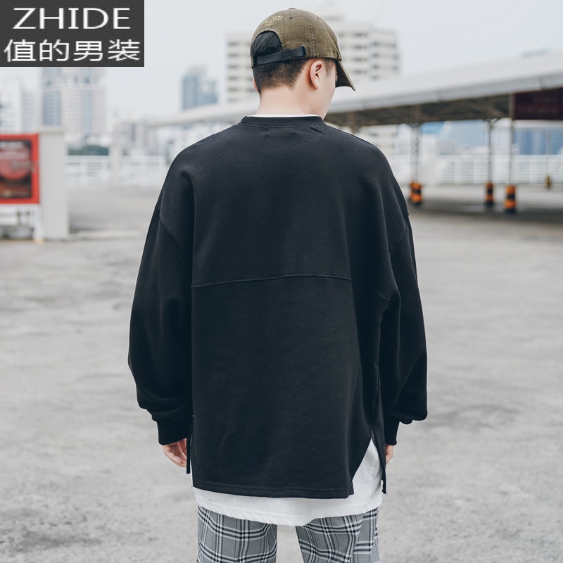 SUNTEK春秋季韩版开叉潮男卫衣假两件套头宽松圆领日系衣服潮牌学生外套卫衣