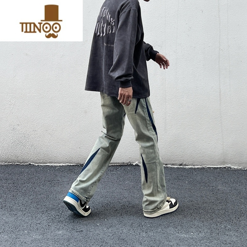 YANXU非潮勿近高街美式复古破洞牛仔裤男宽松直筒hiphop设计感宽潮宽高高清大图
