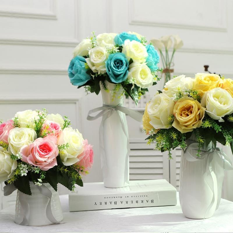 玫瑰花仿真花把束客厅欧式绢花家居装饰花卉插花装饰品-白+绿(18朵玫瑰)
