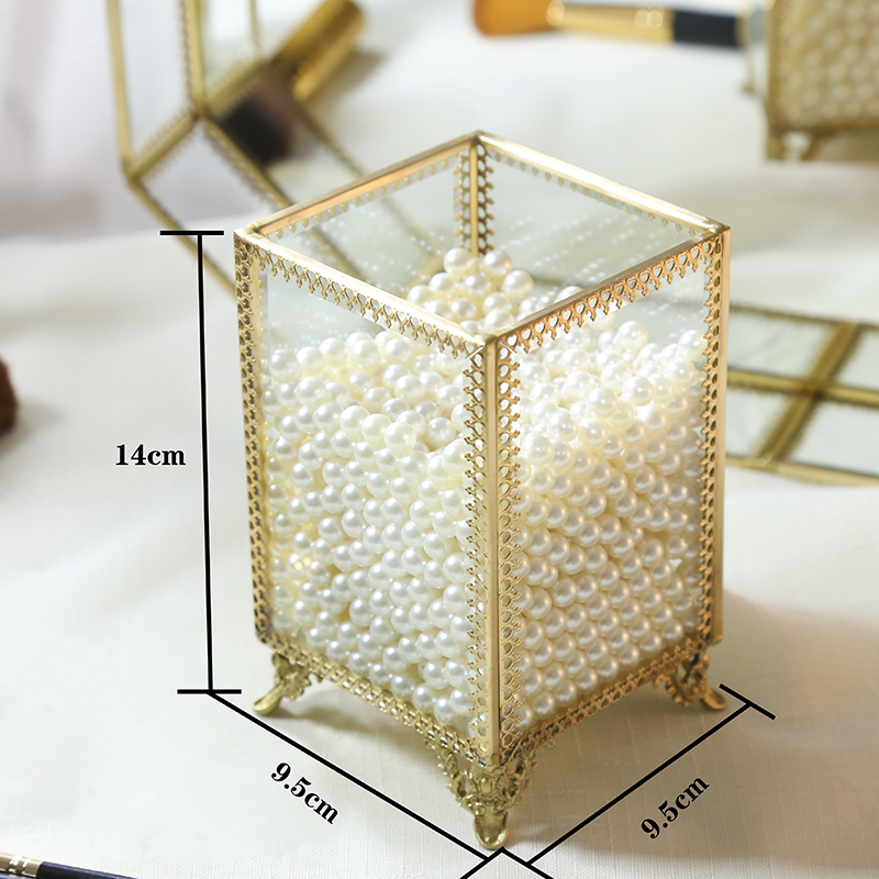 复古金色玻璃化妆刷收纳桶彩妆刷子眉笔刷具桶欧式化妆刷收纳筒盒_8 四角刷桶送珍珠1000颗珍珠