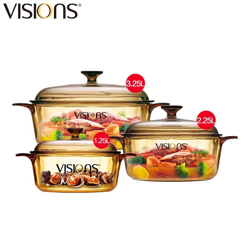 康宁(VISIONS)1.25L+2.25L+3.25L晶彩玻璃锅 三件套锅具 汤锅炖锅透明锅厨具套装琥珀锅