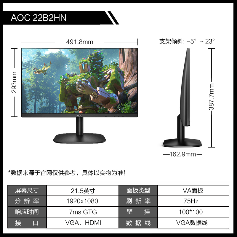 AOC 21.5英寸显示器 75HZ台式1080P高清电脑液晶HDMI接口壁挂显示器家用护眼办公监控两用节能窄边框显示屏幕 22B2HN