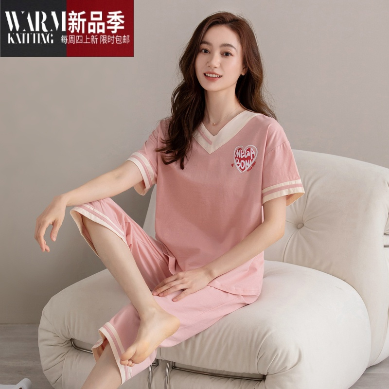 shanchao睡衣女夏季短袖七分裤学生薄款休闲家居服可外穿套装夏款