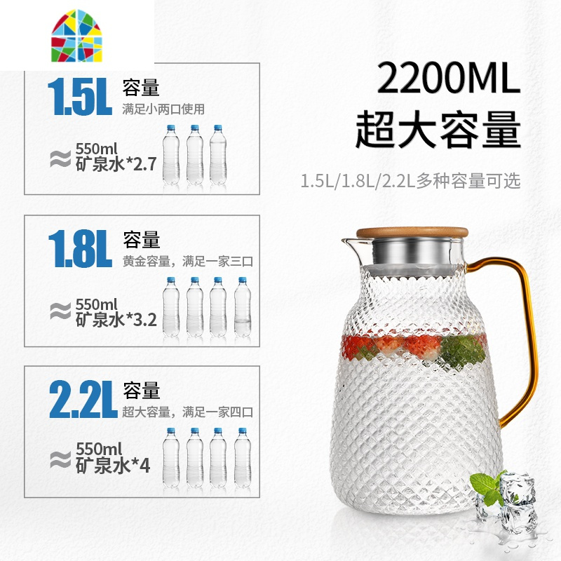 冷水壶大容量家用玻璃水壶可高温创意北欧凉水壶水杯套装 FENGHOU 1800ML星钻壶+2个星钻杯+直角大号托盘