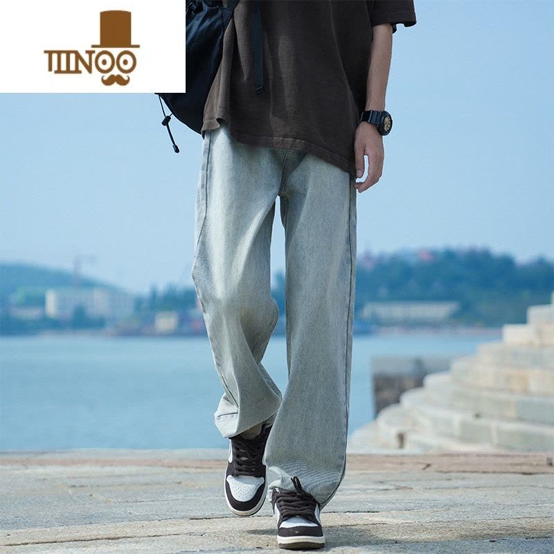 YANXU水洗复古蓝牛仔裤男士宽松直筒男生高街潮流潮牌休闲长裤子图片