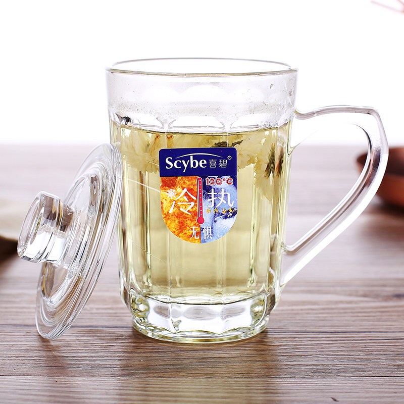 scybe喜碧加厚耐热玻璃茶杯透明泡茶玻璃杯带盖高硼硅水杯335ml 单只