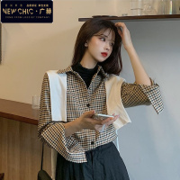 广赫崇洛鹿千鸟格衬衫女设计感小众秋冬复古黑白格纹宽松外穿内搭衬衣衬衫