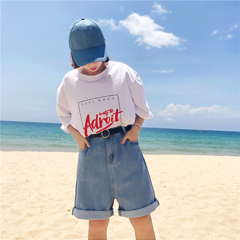 2018夏季学院风宽松百搭卷边阔腿短裤女学生韩版五分牛仔裤潮蓝色