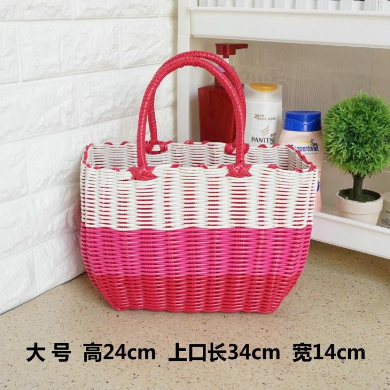 菜篮手提购物篮子塑料编织收纳筐浴室洗澡沐浴买菜装菜野餐采摘蓝 粉红色大号玫红渐变