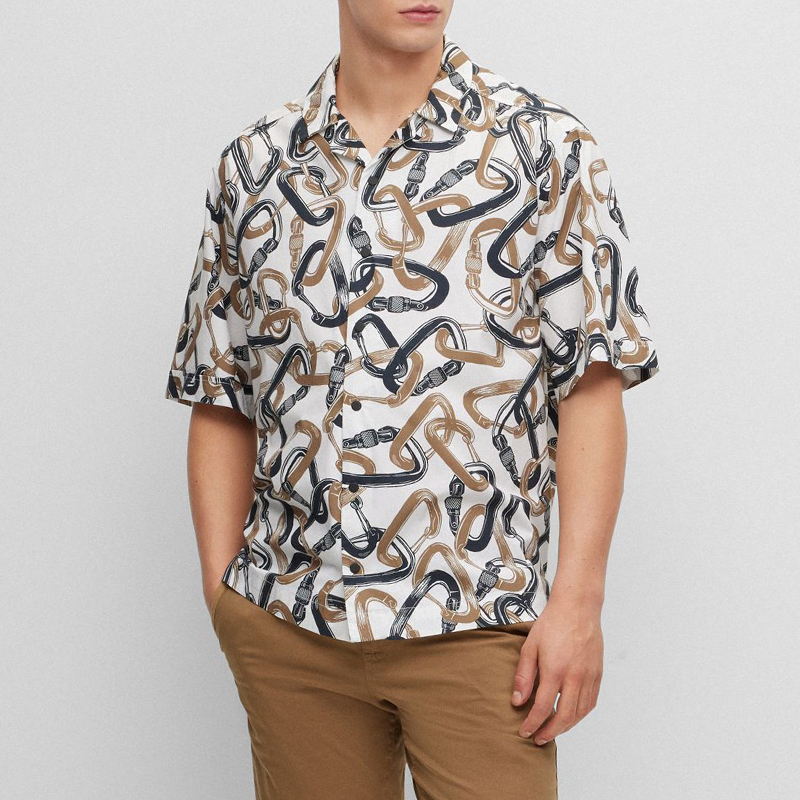 hugo boss 男士orange系列棉质白色多色钩环印花宽松版短袖衬衫t恤衫