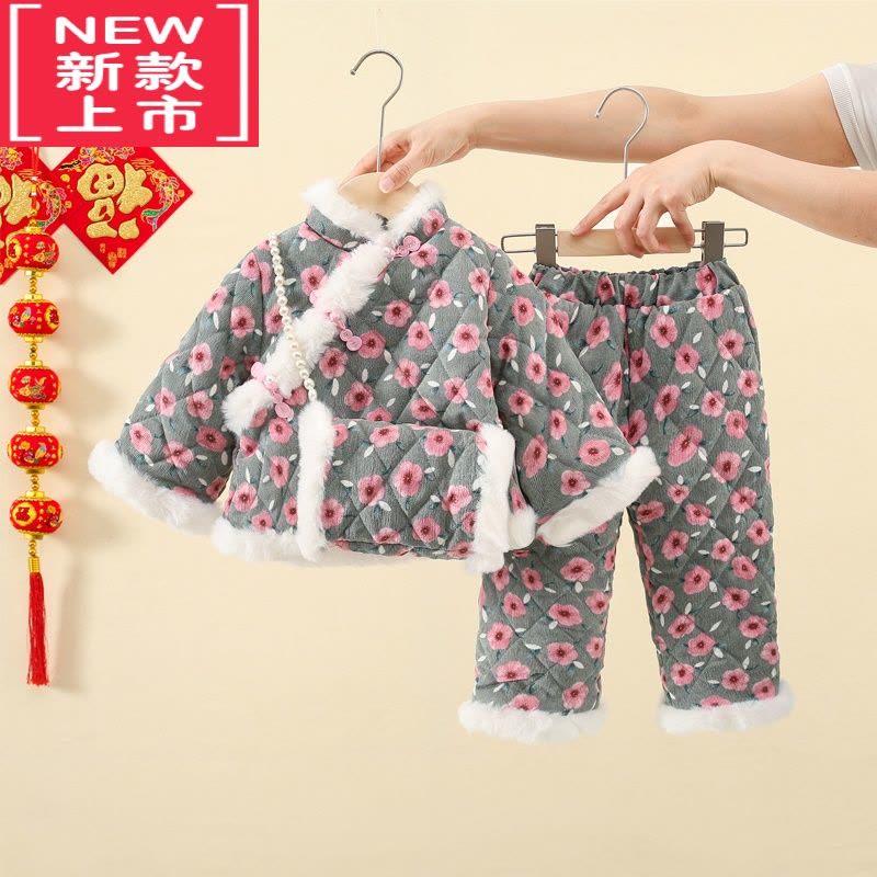 可莉允女童棉服套装新款宝宝加厚棉袄棉裤儿童秋冬装保暖女孩民族风唐装图片