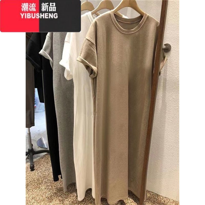 YIBUSHENG短袖遮肚子t恤裙女士季韩版宽松大码休闲中长款过膝连衣裙