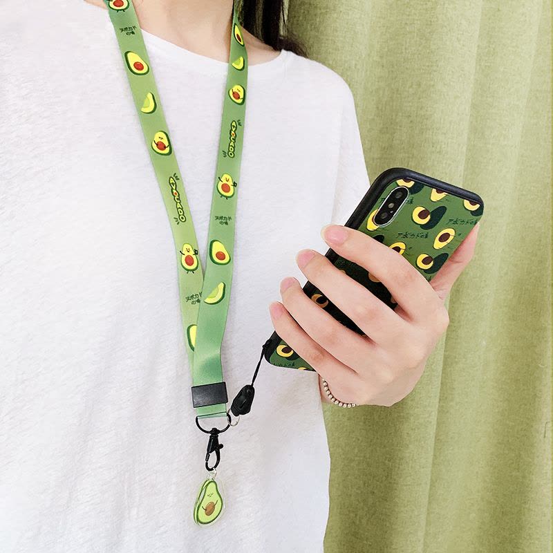 火豹ins花朵手机挂绳挂脖绳手机壳带子卡通可爱网红绿色不勒脖宽挂绳吊坠工作牌学生证U盘钥匙防丢挂件手机链 挂脖绳-草莓图片