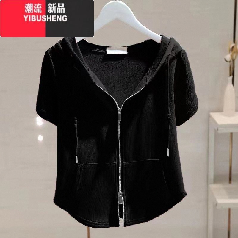 YIBUSHENG300斤大码女装设计感连帽短袖T恤季新款胖mm开衫拉链运动上衣斤高清大图