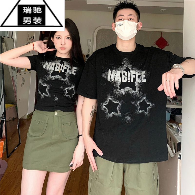 希杰狮王情侣装夏季2023新款小众设计感韩版潮流显瘦短袖T恤一裙一衣套装