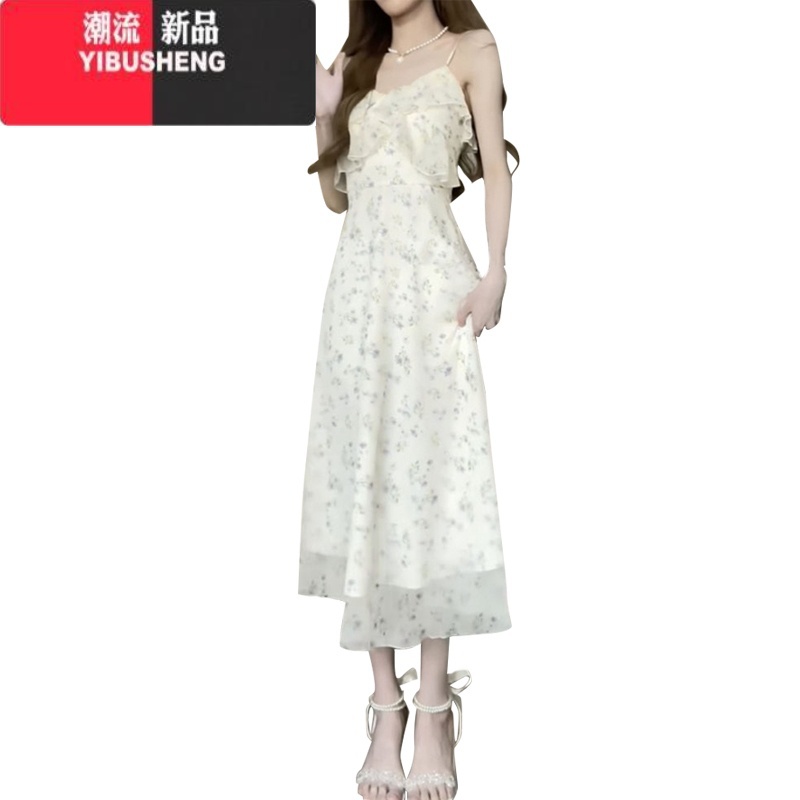 YIBUSHENG温柔奶系荷叶边碎花连衣裙2024新款茶歇法式海边度假吊带裙子裙高清大图