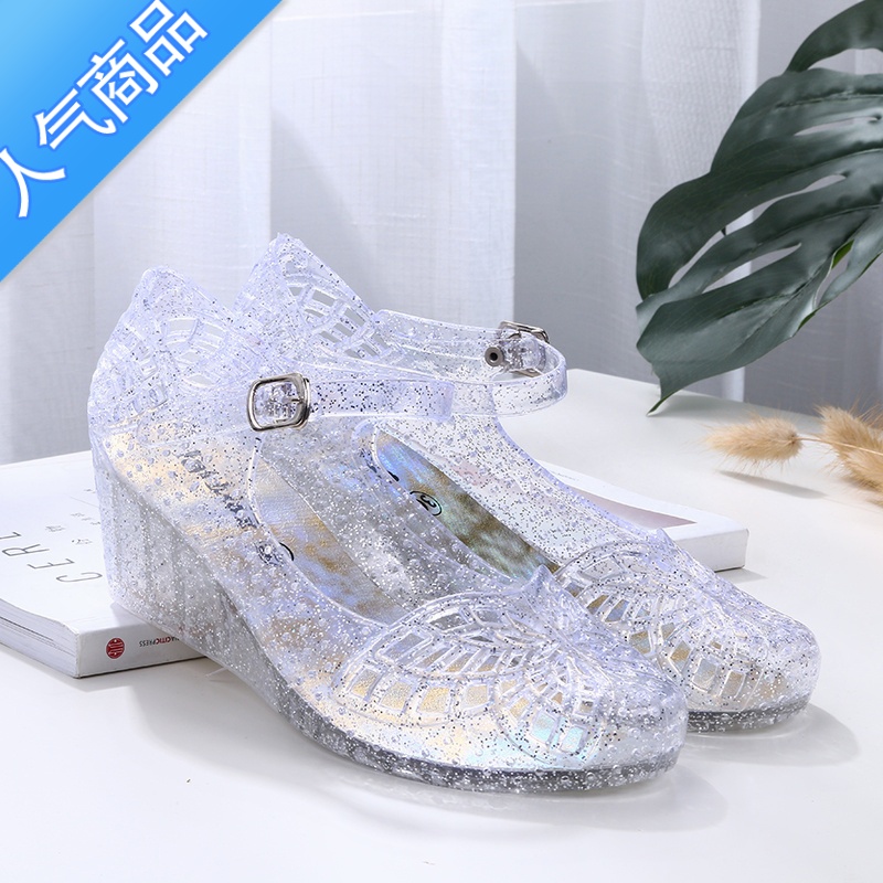 SUNTEK凉鞋女一字扣新款夏季水晶坡跟沙滩鞋外穿镂空果冻雨鞋洞洞鞋舒适高清大图