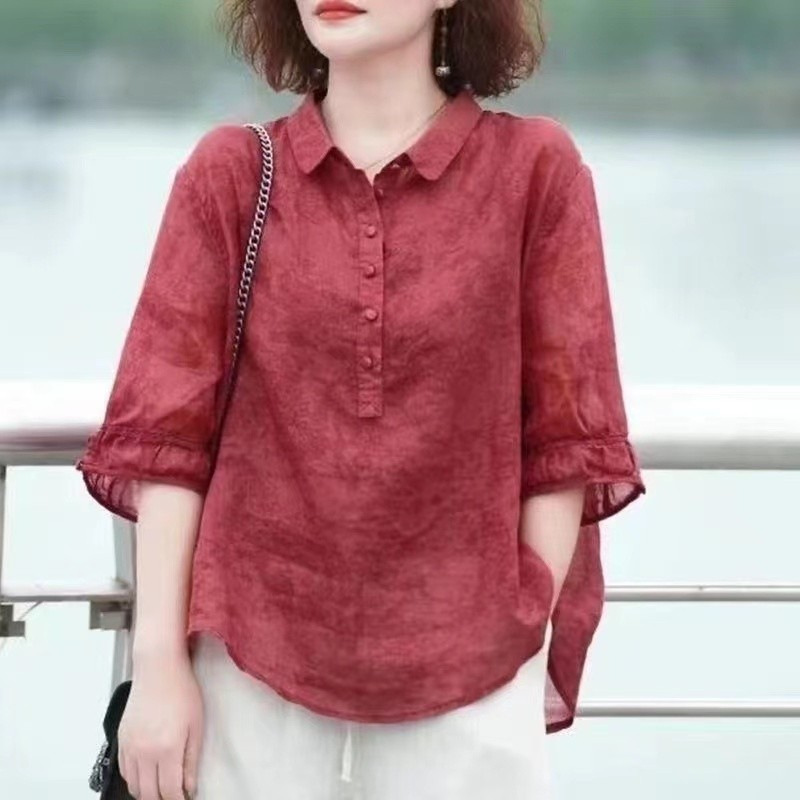 中老年绵绸上衣妈妈款洋气高贵小衫春夏装新款中年女士衬衫