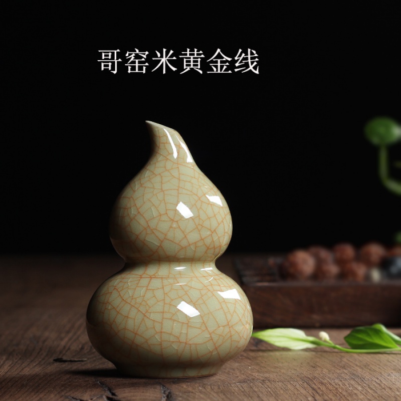 精品花器小花瓶手工葫芦水培小花插陶瓷家居个性茶道摆件收纳袋 三维工匠 桔红色弟窑梅子青