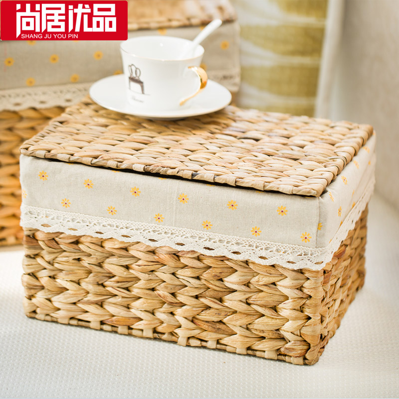 编织收纳箱有盖藤编收纳筐田园衣柜整理箱零食衣物衣服收纳盒三维工匠 手工草编雏菊麻布二号带盖38*27*21CM