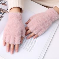 手套女冬季可爱韩版加绒加厚保暖骑车学生半露指翻盖写字鹿角手套 仿貂绒半指-粉色