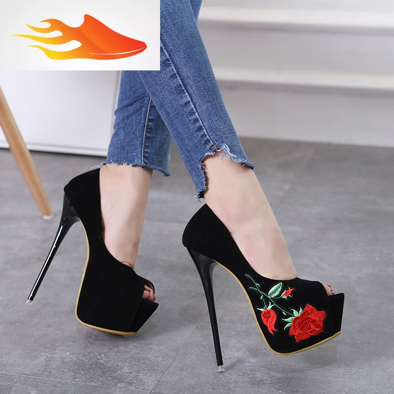 fishbasket黑色性感细跟恨天高夜店鱼嘴女鞋15cm超高跟防水台16cm女单