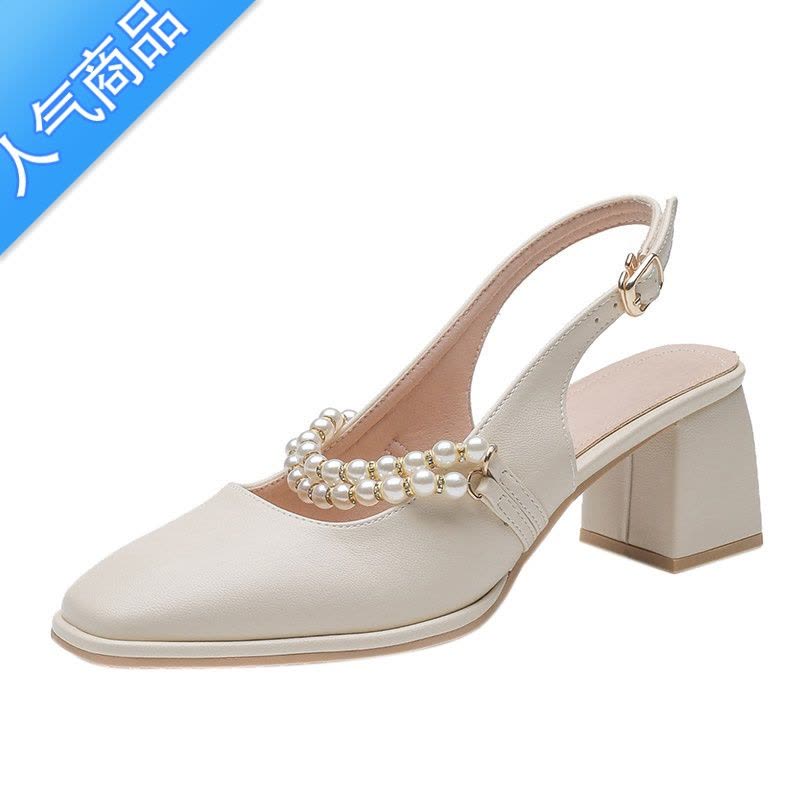 SUNTEK包头凉鞋女2023春秋新款仙女风配裙子珍珠粗跟单鞋中跟玛丽珍女鞋图片