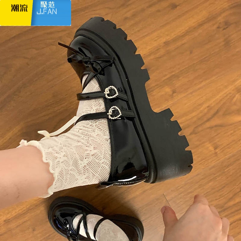 聚范黑色厚底小皮鞋女2024夏季新款日系配裙子法式蝴蝶结玛丽珍单鞋子高清大图