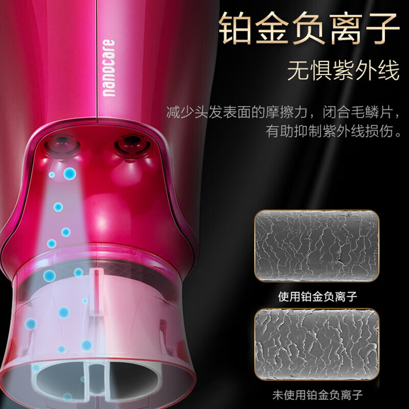 松下(Panasonic)电吹风机 纳诺怡护发 恒温护发 铂金负离子家用大功率吹风机 EH-NA46 玫红色