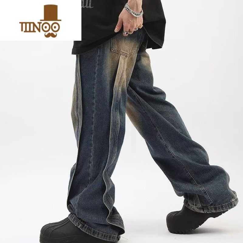 YANXU美式高街oversize拼接牛仔裤男设计感青年宽松直筒阔垂感腿长裤r高清大图