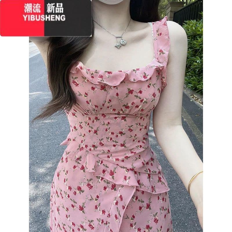 YIBUSHENG法式茶歇碎花吊带连衣裙子女收腰气质设计感小众荷叶边中长裙季图片