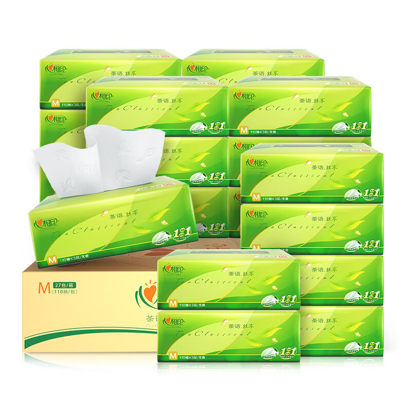 心相印 抽纸 茶语丝享系列三层塑料纸面巾纸餐巾纸 110抽*27包 DT32110 整箱装
