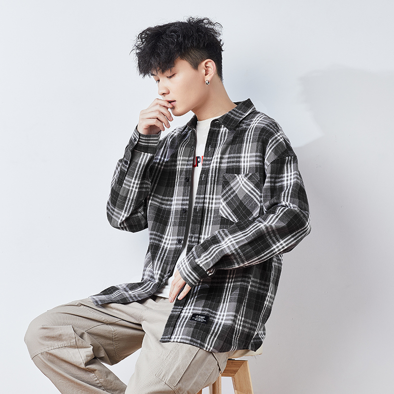 200元任选3件唐狮春季纯棉格子衬衫男长袖港风日系复古格纹衬衣黑白