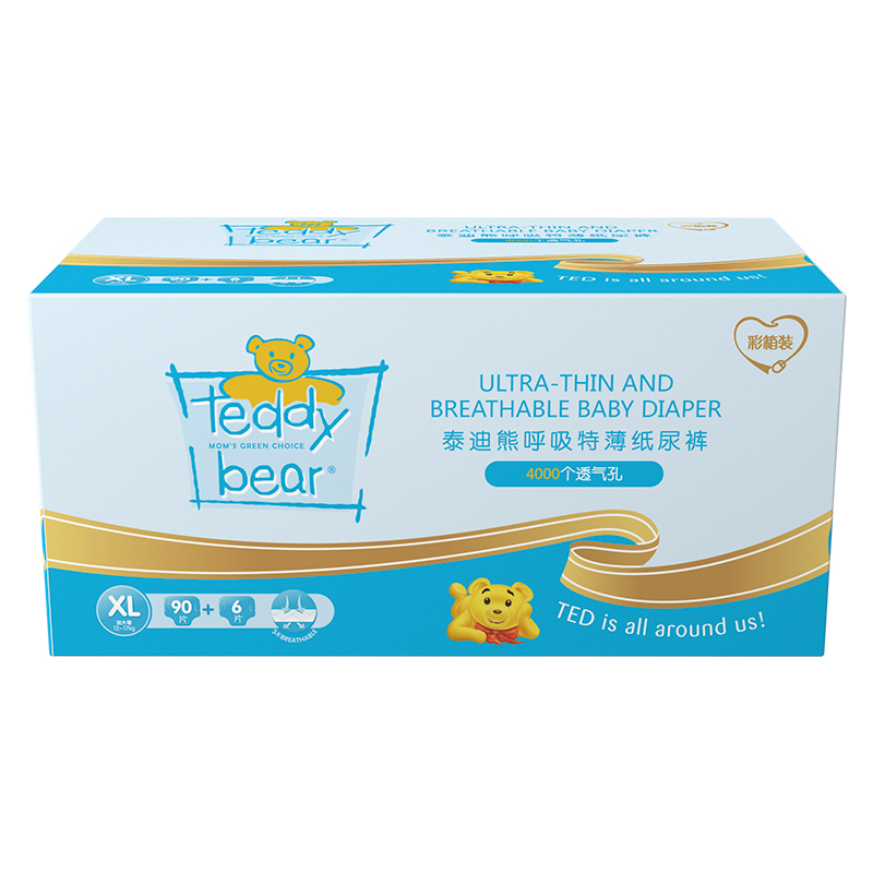 泰迪熊Teddy Bear超薄透气纸尿裤XL96片(12-17公斤)婴儿尿不湿 呼吸特薄系列