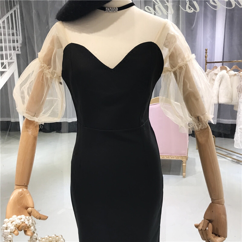 透明网纱半袖拼接假两件连衣裙2018夏季高腰显瘦v领气质a字裙黑色