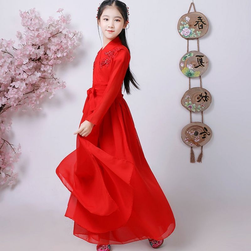 儿童汉服中国风服装古代公主仙女服套装女童日常改良广袖流仙裙粉色