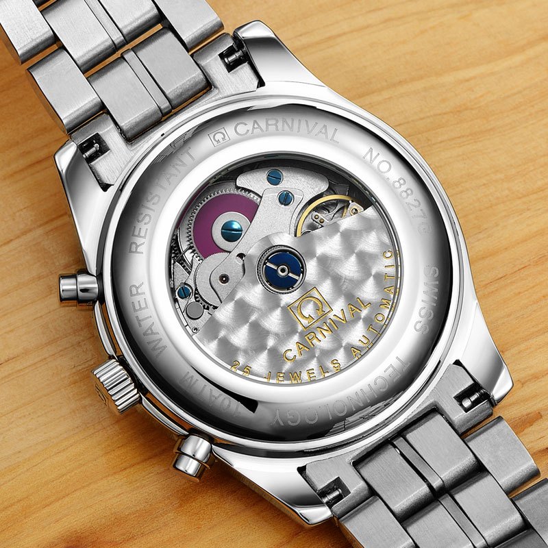嘉年华CARNIVAL名匠运动手表男 全自动机械表 男士精钢带防水休闲男表正品休闲时尚金属蝴蝶扣腕表8827高清大图